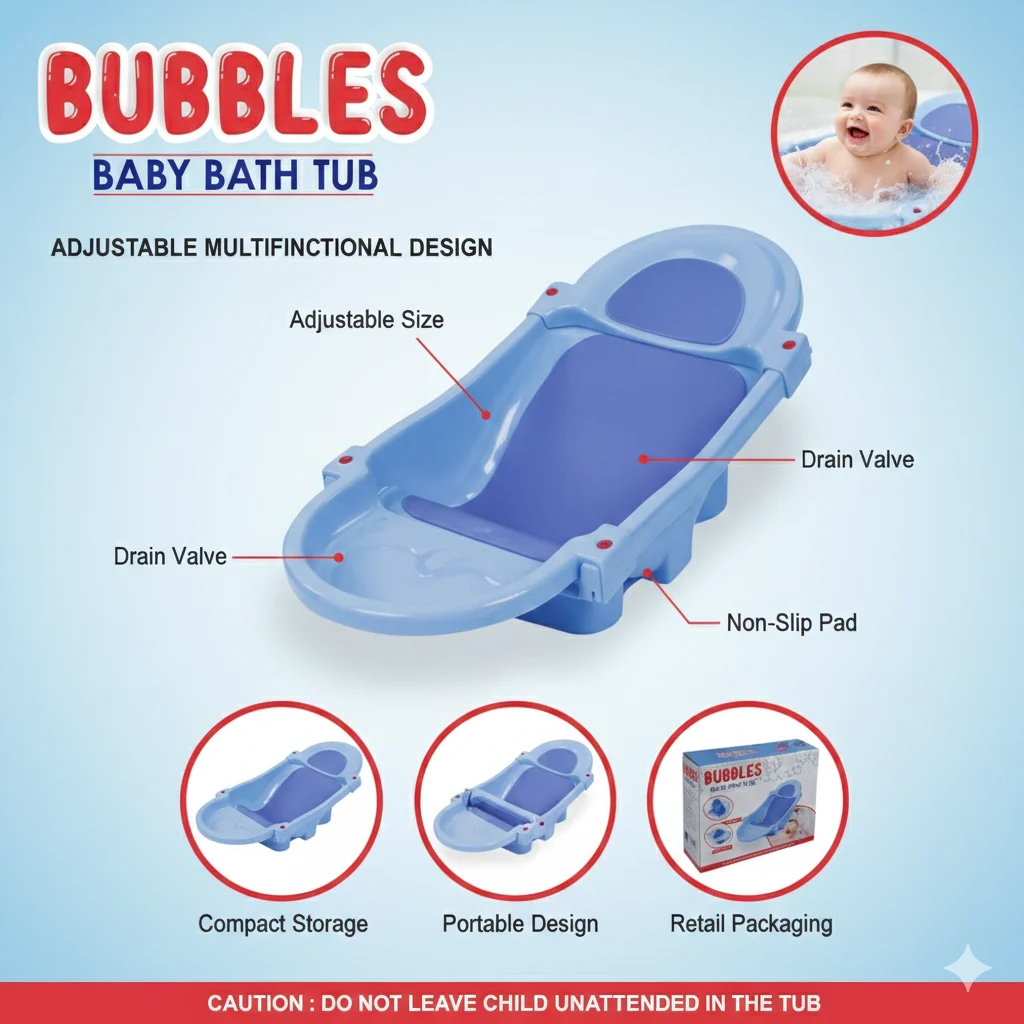 Bubbles Baby Bath Tub | Adjustable Multifunctional Baby Bathtub with Drain Valve & Non-Slip Pad