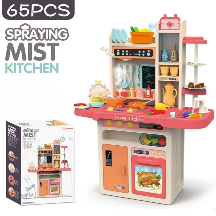 65 PCS Spraying Mist Kitchen Playset | Deluxe Electronic Simulation Cooking Toy with Realistic Steam, Water Sink, Lights & Music for Kids (Ages 3+)