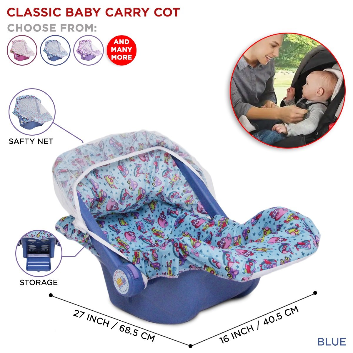 Classic Multi-Use Baby Carry Cot & Car Seat with Safety Mosquito Net | Newborn Portable Rocker, Sleeping Carrier & Feeding Chair with Storage - Image 2