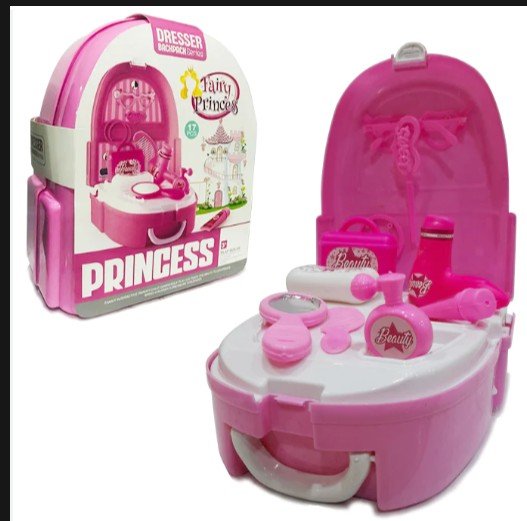Kids Fairy Princess Dresser Backpack Series Playset | Portable Pretend Beauty Salon & Makeup Vanity Toy Case with Mirror & Accessories (Pink)