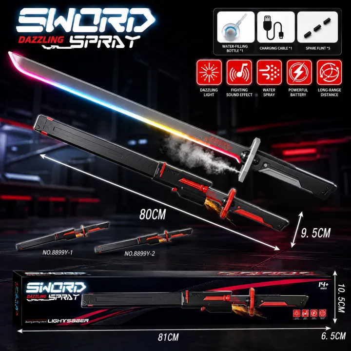 Sword Dazzling Spray Electronic Lightsaber Toy – 80CM Sci-Fi Katana with Dazzling LED Lights, Fighting Sound Effects, Water Spray Mist & Rechargeable Battery for Cosplay & Roleplay