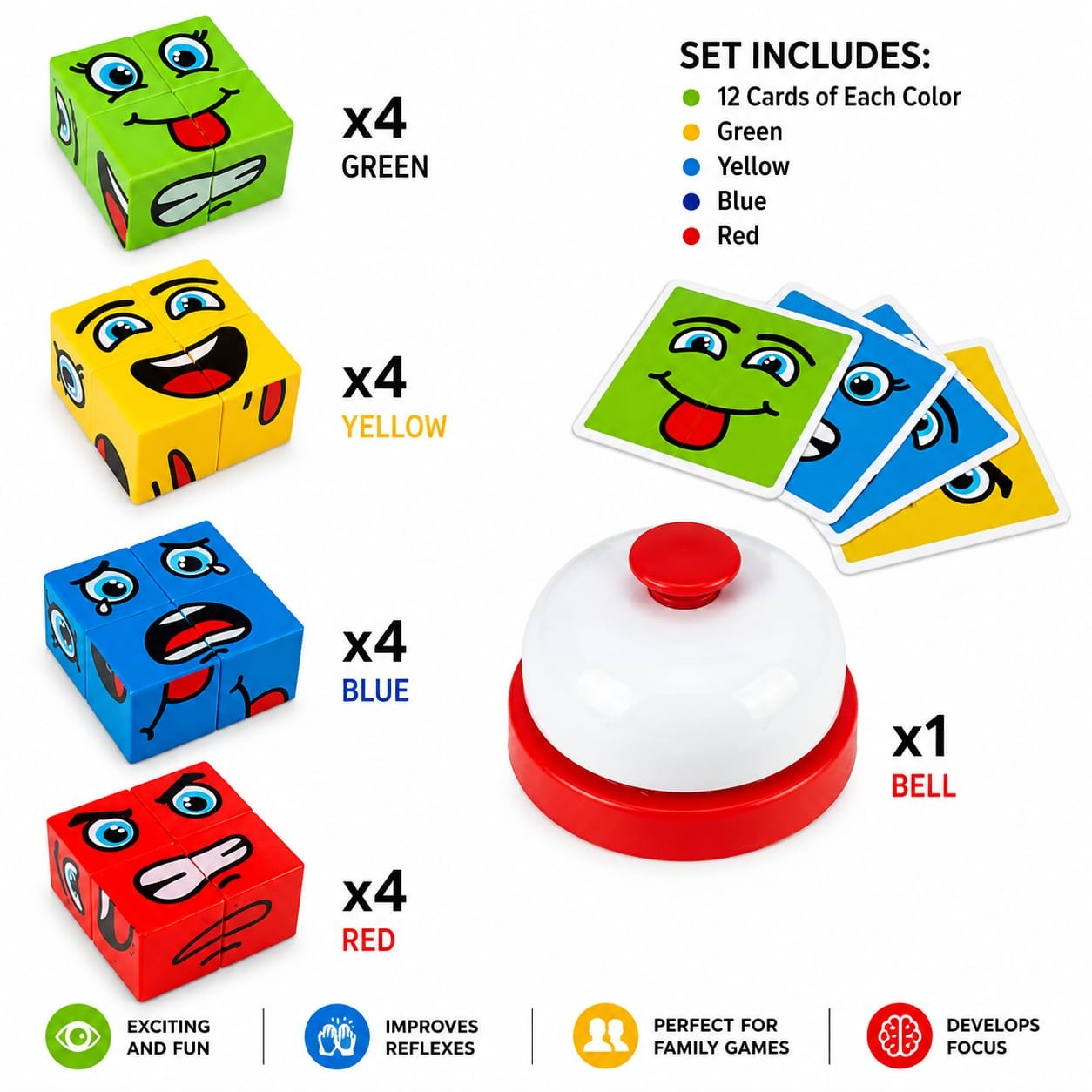 Face Changing Rubik's Cube Game – Interactive Wooden Expression Matching Puzzle with Challenge Cards & Speed Ring Bell - Image 4