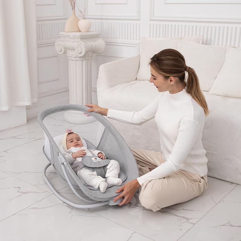 Baby Rocker Bouncer Seat with Canopy & Safety Harness | Infant Rocking Chair with Padded Seat, Adjustable Sun Canopy, Hanging Toys & Stable Base - Image 2
