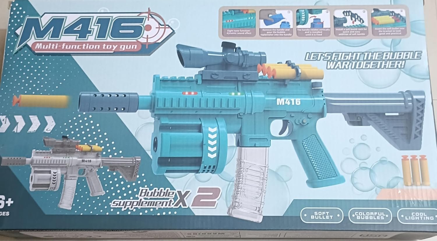 M416 Multi-Function Toy Gun with Soft Foam Bullets, Colorful Bubble Blower, and Cool Lighting – 2-in-1 Action Blaster Play Set for Kids Age 6+ - Image 5