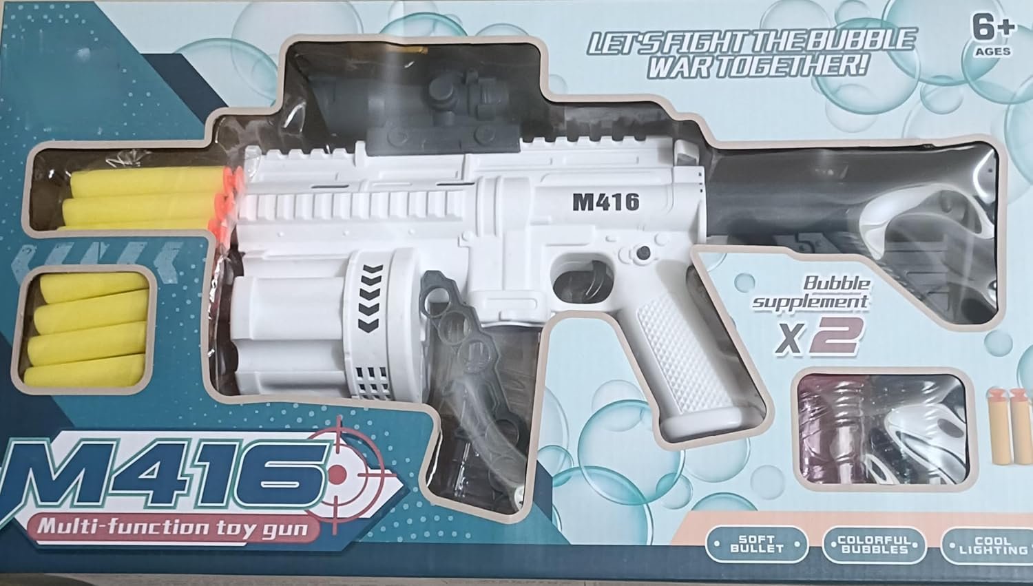 M416 Multi-Function Toy Gun with Soft Foam Bullets, Colorful Bubble Blower, and Cool Lighting – 2-in-1 Action Blaster Play Set for Kids Age 6+