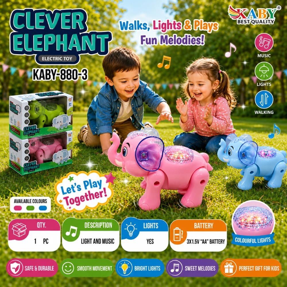 KABY Clever Elephant Walking Toy for Kids – Battery Operated Elephant with Lights, Music & Smooth Walking Movement | KABY-880-3 - Image 3