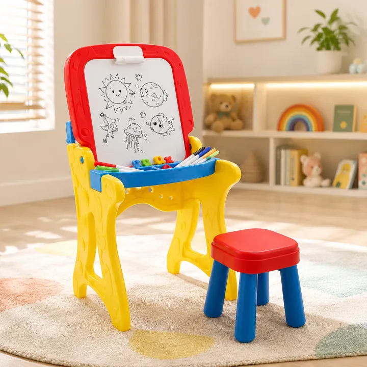 2-in-1 Kids Drawing Learning Desk and Art Centre Play Set – Convertible Standing Easel & Study Table with Matching Stool, Whiteboard, Storage & Educational Creative Tools for Kids - Image 2