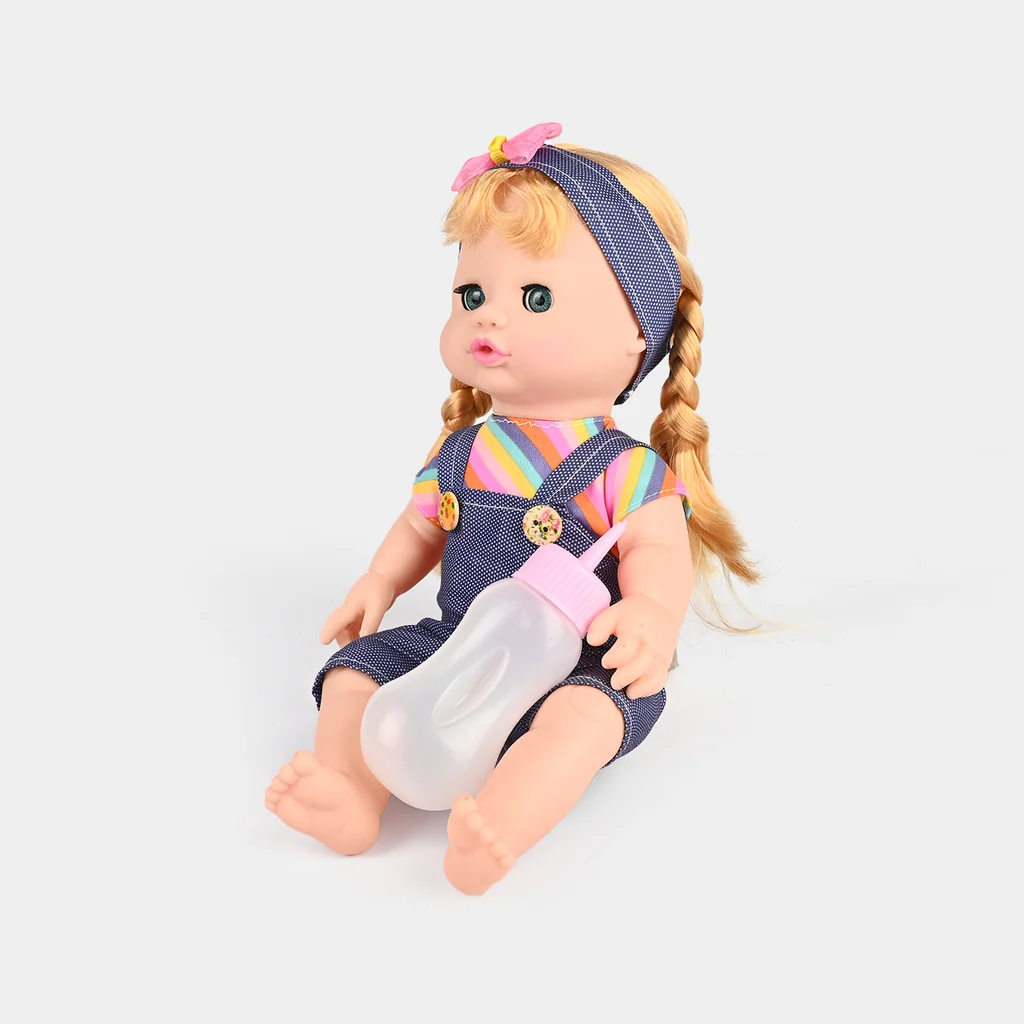Interactive Baby Doll with Feeding Bottle & Music Sound Effects | Cute Blonde Pigtail Toddler Toy Doll in Denim Overalls for Kids (Ages 3+)