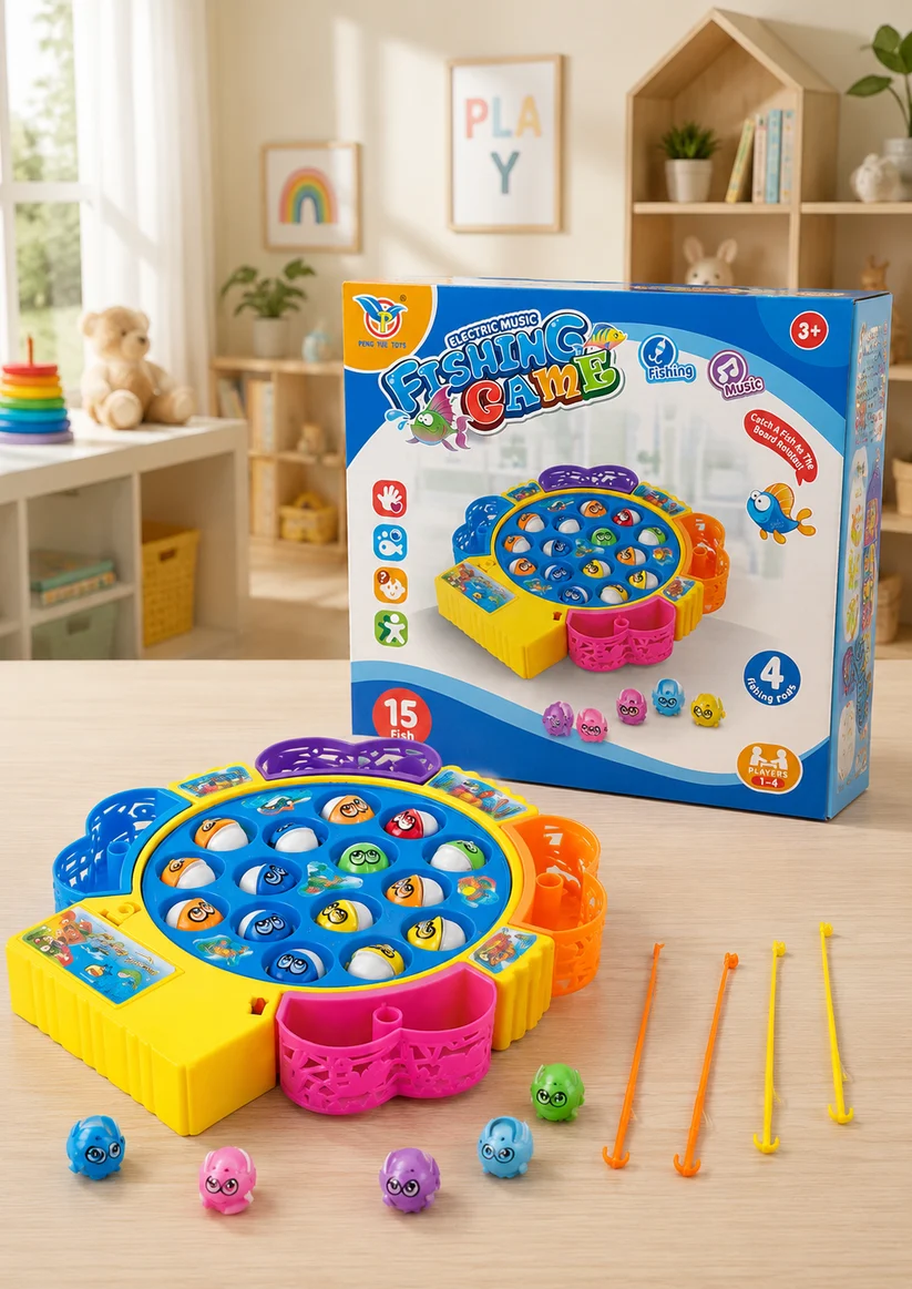 Electric Music Fishing Game Toy Set | Rotating Multi-Player Catching Fish Board Game with 15 Fish, 4 Rods & Sound Effects for Kids (Ages 3+)