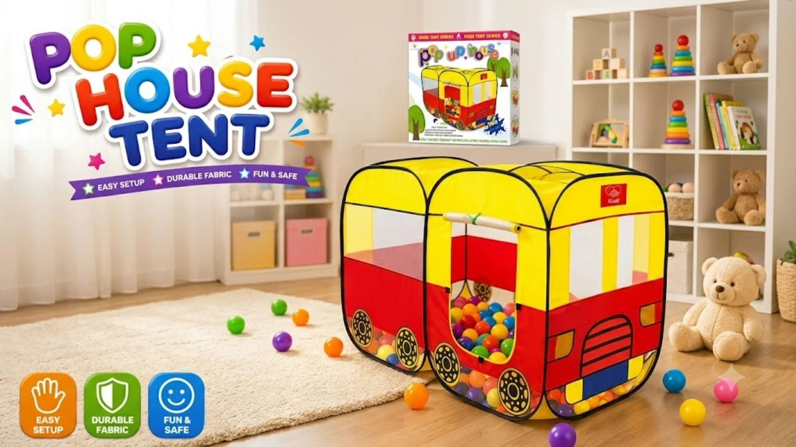 Pop-Up Bus House Tent – Kids Play Ball Pit & Driving Bus Playhouse with Instant Setup and Durable Fabric for Indoor & Outdoor Fun - Image 3