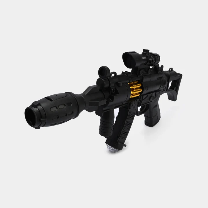 Kids Tactical Electric Assault Toy Gun – Black Tactical Rifle with Scope, Sound, Flashing Lights, Gold Bullets, & Carrying Strap