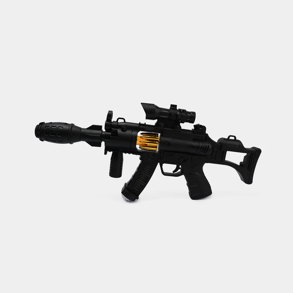 Kids Tactical Electric Assault Toy Gun – Black Tactical Rifle with Scope, Sound, Flashing Lights, Gold Bullets, & Carrying Strap - Image 2