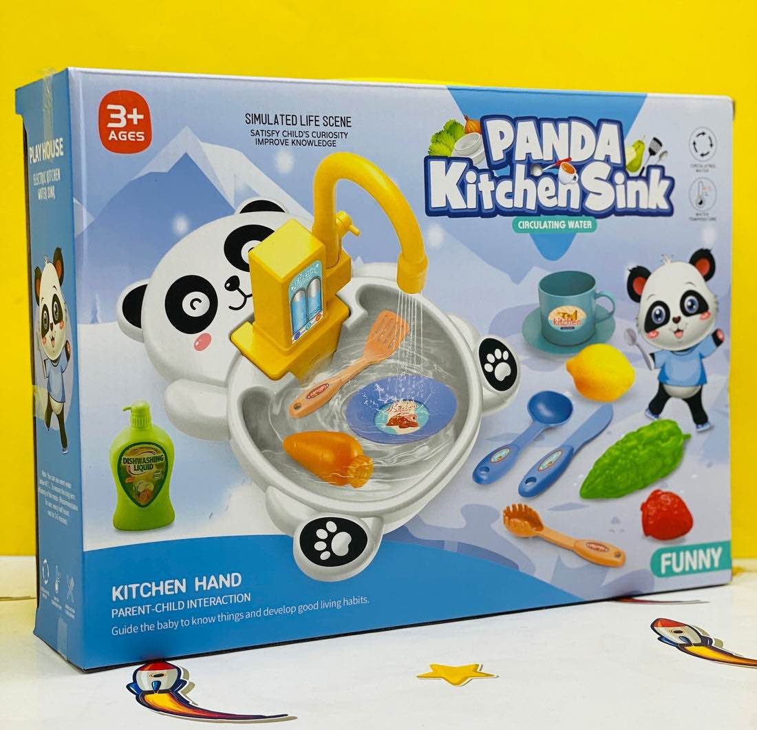 Panda Kitchen Sink Toy Set | Kids Electric Circulating Water Play Sink with Play Dishes, Utensils & Pretend Play Food (Ages 3+)