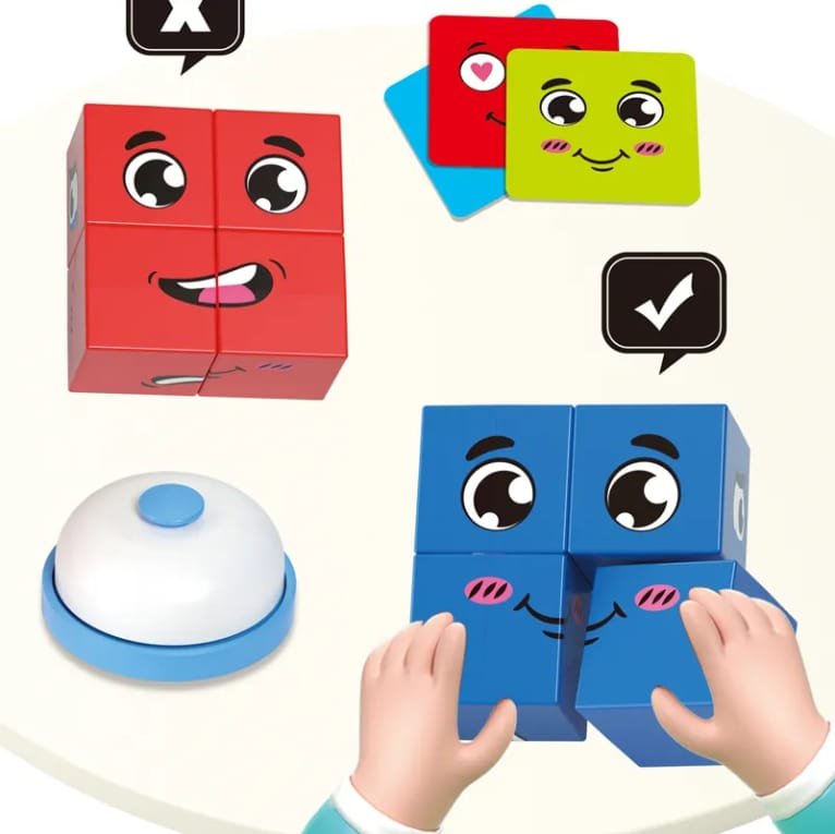 Face Changing Rubik's Cube Game – Interactive Wooden Expression Matching Puzzle with Challenge Cards & Speed Ring Bell - Image 2