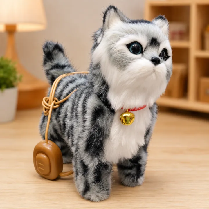 Interactive Electronic Walking Plush Kitty Cat Toy | Realistic Meowing & Moving Stuffed Animal Pet with Leash Control for Kids (Grey Tabby)
