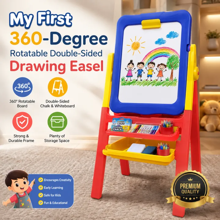 My First Easel 3-in-1 Double-Sided Kids Art Easel – Adjustable Standing Drawing Board with Whiteboard, Chalkboard, Storage Tray, Markers, Chalk & Duster for Early Learning and Creative Play