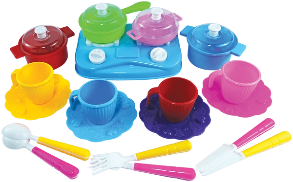 Toy Venture Family Kitchen Pretend Cooking Playset – Multicolor Toy Stove, Cookware Pots, Cups, Saucers & Cutlery Kitchen Toys - Image 2
