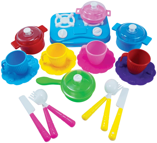 Toy Venture Family Kitchen Pretend Cooking Playset – Multicolor Toy Stove, Cookware Pots, Cups, Saucers & Cutlery Kitchen Toys - Image 3