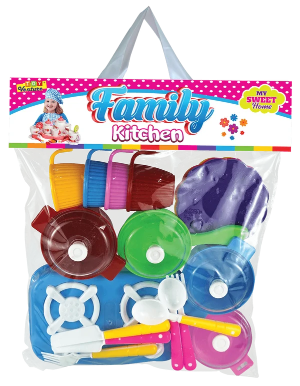 Toy Venture Family Kitchen Pretend Cooking Playset – Multicolor Toy Stove, Cookware Pots, Cups, Saucers & Cutlery Kitchen Toys