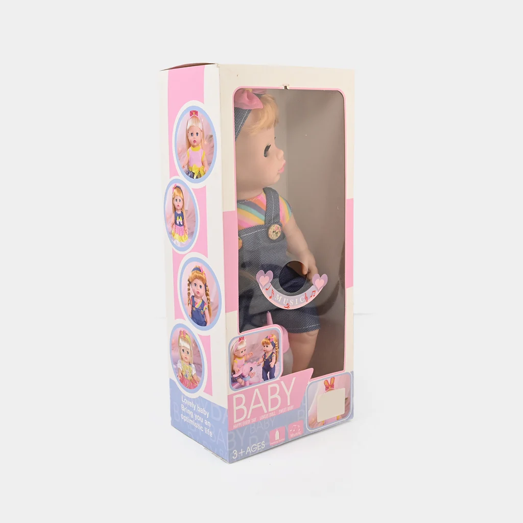 Interactive Baby Doll with Feeding Bottle & Music Sound Effects | Cute Blonde Pigtail Toddler Toy Doll in Denim Overalls for Kids (Ages 3+) - Image 2